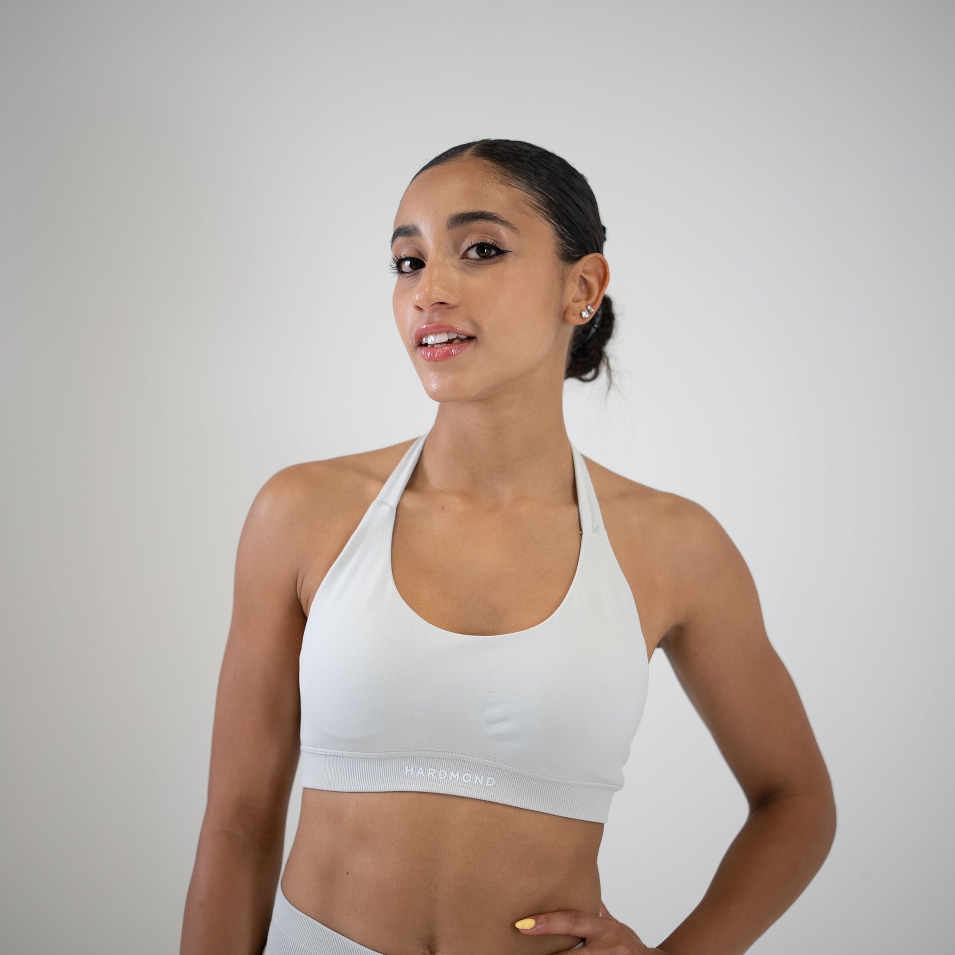Model wearing HARDMOND Style Bra in beige color