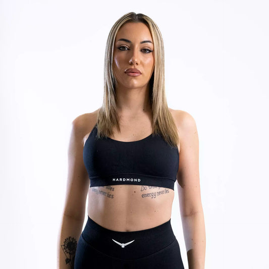 HARDMOND Style Bra in black with open back design, front view
