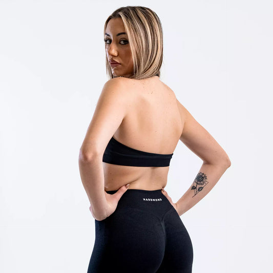 Back view of HARDMOND Style Bra in black with open back design
