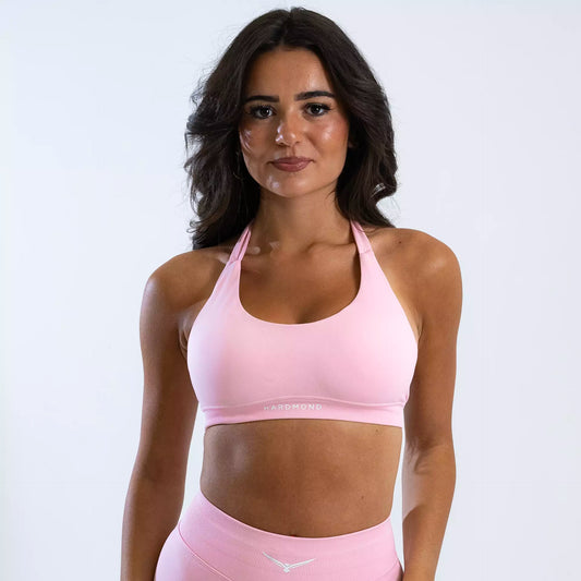 HARDMOND Style Bra in pink with open back design, front view
